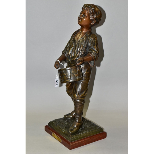 317 - A BRONZED SPELTER FIGURE OF A BOY PLAYING A DRUM, titled 'Petit Tambour' or Little Drum to square wo... 