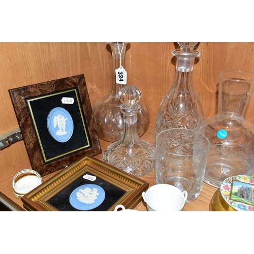 324 - A GROUP OF CERAMICS AND GLASSWARES, to include a Victorian cut glass onion shaped decanter with stop... 