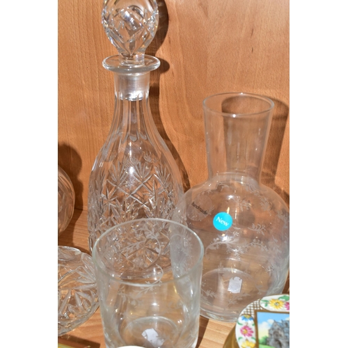 324 - A GROUP OF CERAMICS AND GLASSWARES, to include a Victorian cut glass onion shaped decanter with stop... 