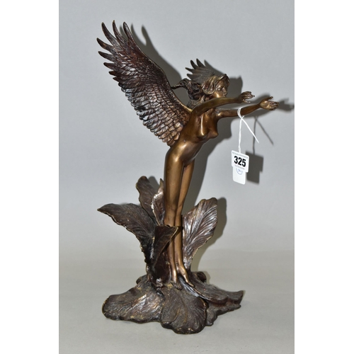 325 - A BRONZED FIGURE OF A FAIRY, standing, with her arms outstretched, inside a flower, indistinctly sig... 