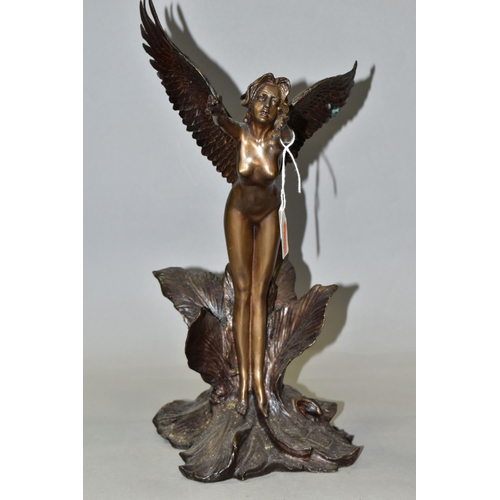 325 - A BRONZED FIGURE OF A FAIRY, standing, with her arms outstretched, inside a flower, indistinctly sig... 