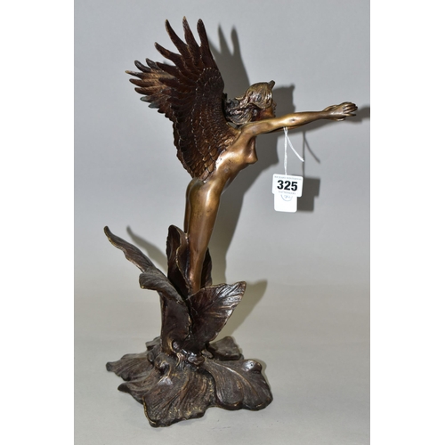 325 - A BRONZED FIGURE OF A FAIRY, standing, with her arms outstretched, inside a flower, indistinctly sig... 