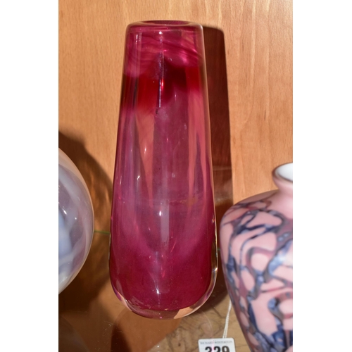 327 - A COLLECTION OF ART GLASS, to include an Isle of Wight Glass Meadow Garden vase with decorative rim ... 