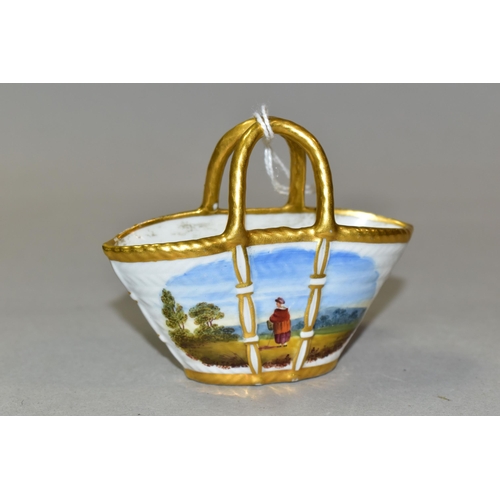 330 - A FLIGHT BARR & BARR WORCESTER MINIATURE BASKET, having basketweave texture, painted with a figure i... 