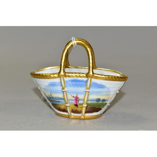 330 - A FLIGHT BARR & BARR WORCESTER MINIATURE BASKET, having basketweave texture, painted with a figure i... 