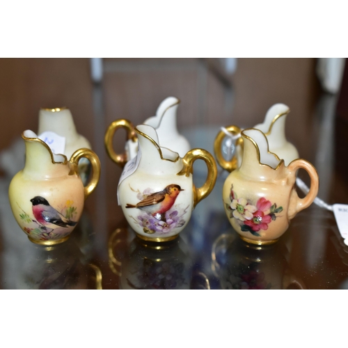 331 - SIX ROYAL WORCESTER MINIATURE JUGS, three painted with British Birds - Bull Finch, Blue Tit and Robi... 