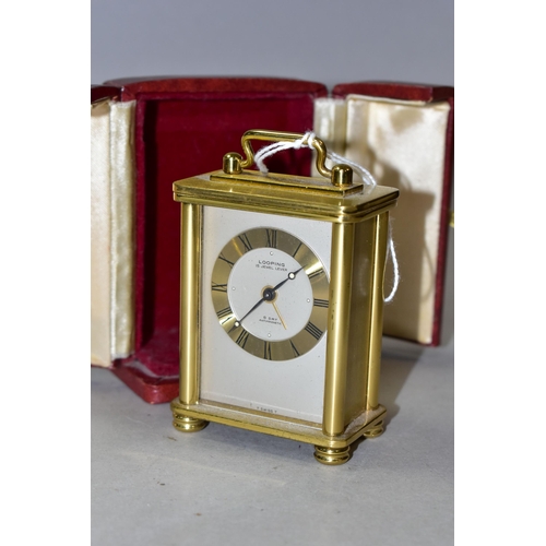 332 - A LOOPING MINIATURE 8 DAY CARRIAGE STYLE CLOCK, in burgundy leather covered case, height of clock (i... 