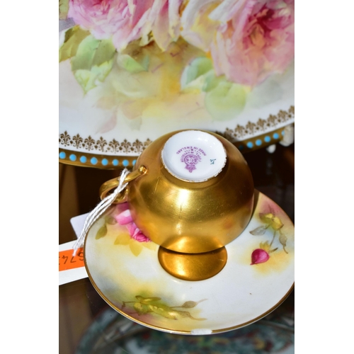 334 - A ROYAL WORCESTER TEACUP AND SAUCER, AND A ROYAL DOULTON BOWL, PAINTED WITH ROSES, the small teacup ... 