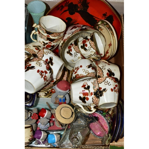 341 - A BOX OF CERAMICS AND GLASSWARES, to include a pair of Shelley vases decorated with violets on a bla... 