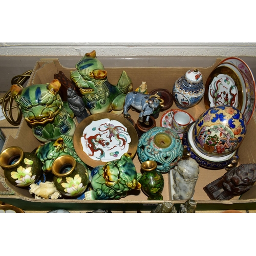 348 - ONE BOX OF ORIENTAL CERAMICS, to include a table lamp, height 44cm, a pair if blue and green Chinese... 