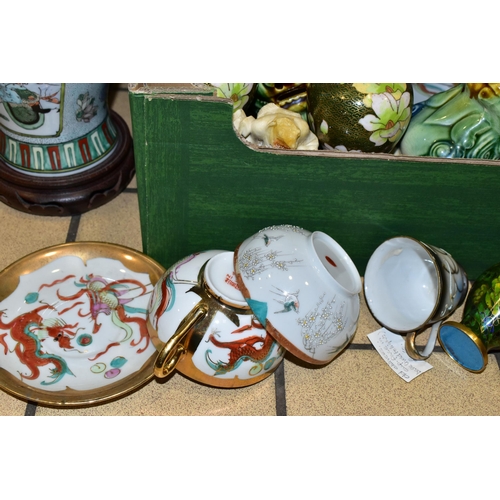 348 - ONE BOX OF ORIENTAL CERAMICS, to include a table lamp, height 44cm, a pair if blue and green Chinese... 