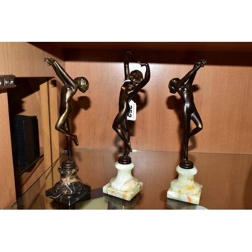 352 - THREE SMALL BRONZED ART DECO STYLE NUDE FEMALE FIGURES, inscribed 'Vivian' to the base, all three fi... 