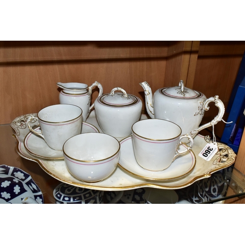 360 - A WHITE PORCELAIN BACHELOR TEA SET AND TRAY, with a red and gold gilt lined border, foliate detail o... 