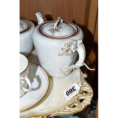 360 - A WHITE PORCELAIN BACHELOR TEA SET AND TRAY, with a red and gold gilt lined border, foliate detail o... 