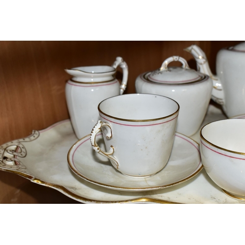 360 - A WHITE PORCELAIN BACHELOR TEA SET AND TRAY, with a red and gold gilt lined border, foliate detail o... 