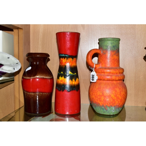 369 - THREE WEST GERMAN VASES BY SCHEURICH, comprising a matt glazed, single handled, orange and green 428... 