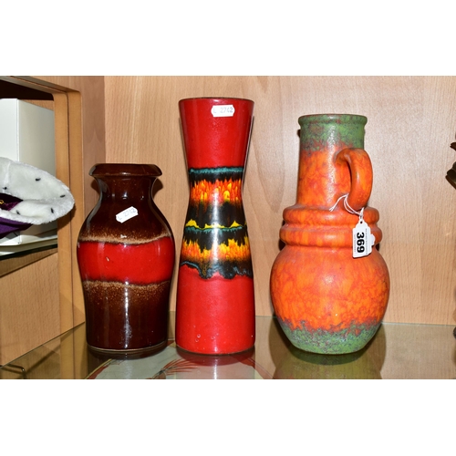 369 - THREE WEST GERMAN VASES BY SCHEURICH, comprising a matt glazed, single handled, orange and green 428... 