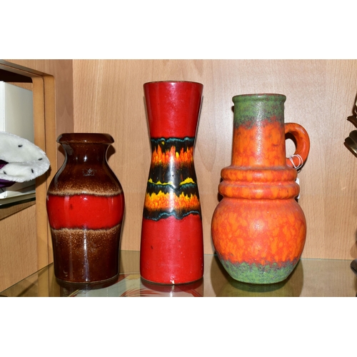 369 - THREE WEST GERMAN VASES BY SCHEURICH, comprising a matt glazed, single handled, orange and green 428... 