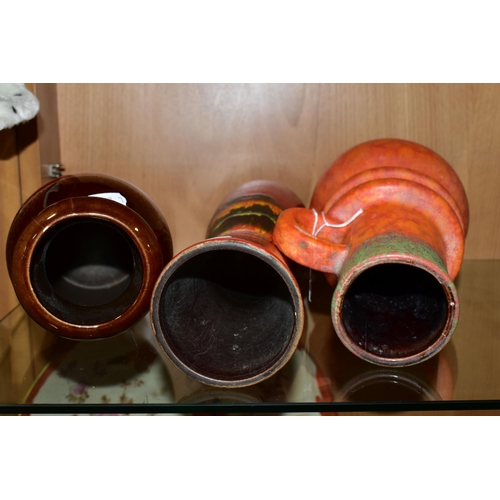 369 - THREE WEST GERMAN VASES BY SCHEURICH, comprising a matt glazed, single handled, orange and green 428... 