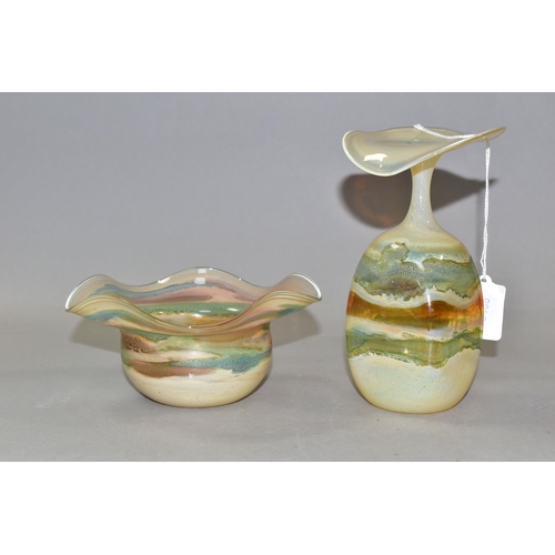 380 - TWO PIECES OF ART GLASS PIECES BY DESIGNER KARL SCHMID, comprising a shaped vase with a thin neck an... 