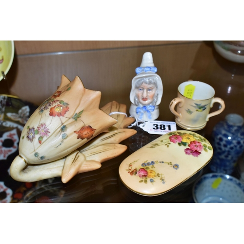 381 - ASSORTED ROYAL WORCESTER PORCELAIN, comprising a Blush Ivory wall pocket, printed and painted marks ... 