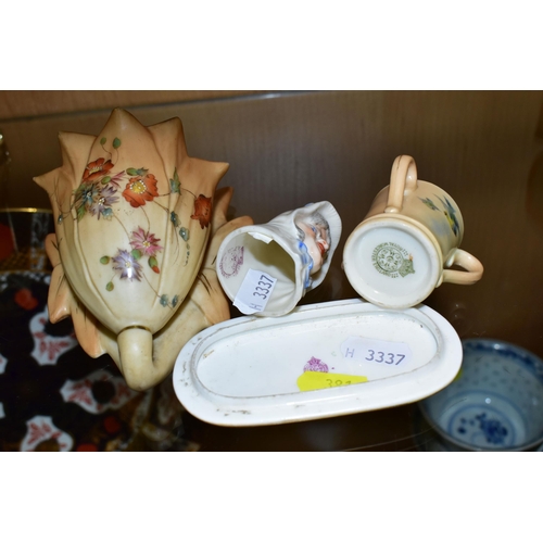 381 - ASSORTED ROYAL WORCESTER PORCELAIN, comprising a Blush Ivory wall pocket, printed and painted marks ... 