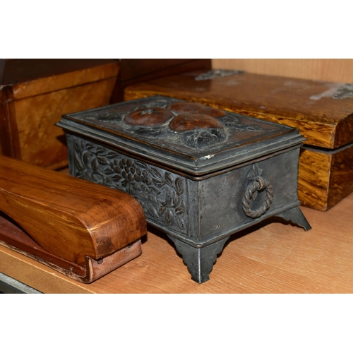 387 - TWO VICTORIAN WRITING BOXES AND A TEA CADDY,  comprising an inlay jewellery box with  green velvet l... 