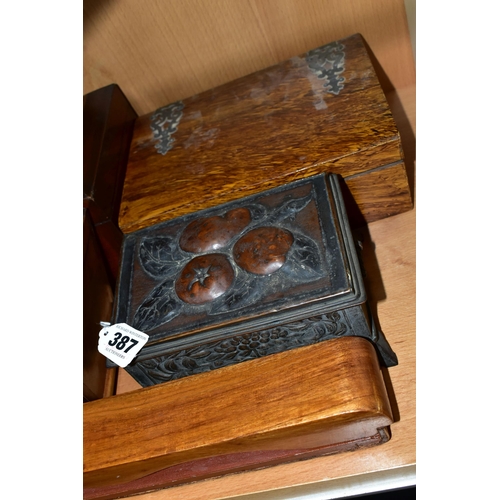 387 - TWO VICTORIAN WRITING BOXES AND A TEA CADDY,  comprising an inlay jewellery box with  green velvet l... 