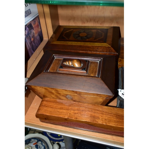 387 - TWO VICTORIAN WRITING BOXES AND A TEA CADDY,  comprising an inlay jewellery box with  green velvet l... 