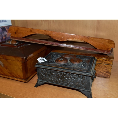 387 - TWO VICTORIAN WRITING BOXES AND A TEA CADDY,  comprising an inlay jewellery box with  green velvet l... 