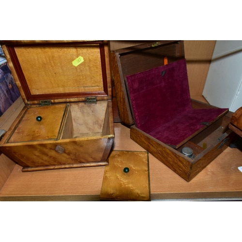 387 - TWO VICTORIAN WRITING BOXES AND A TEA CADDY,  comprising an inlay jewellery box with  green velvet l... 