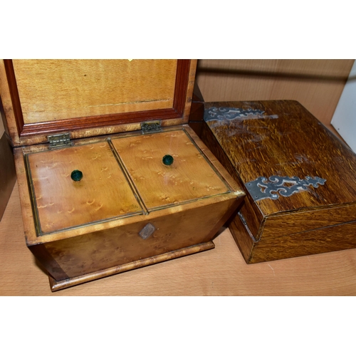 387 - TWO VICTORIAN WRITING BOXES AND A TEA CADDY,  comprising an inlay jewellery box with  green velvet l... 