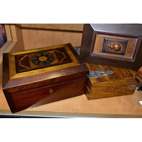 387 - TWO VICTORIAN WRITING BOXES AND A TEA CADDY,  comprising an inlay jewellery box with  green velvet l... 