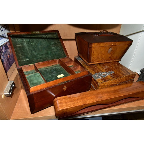 387 - TWO VICTORIAN WRITING BOXES AND A TEA CADDY,  comprising an inlay jewellery box with  green velvet l... 