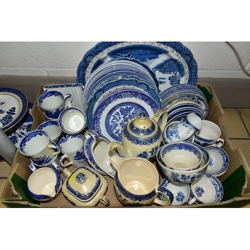 388 - TWO BOXES OF BLUE AND WHITE DINNERWARES, comprising Wood & Sons 'Willow' pattern jugs, teapot, cover... 