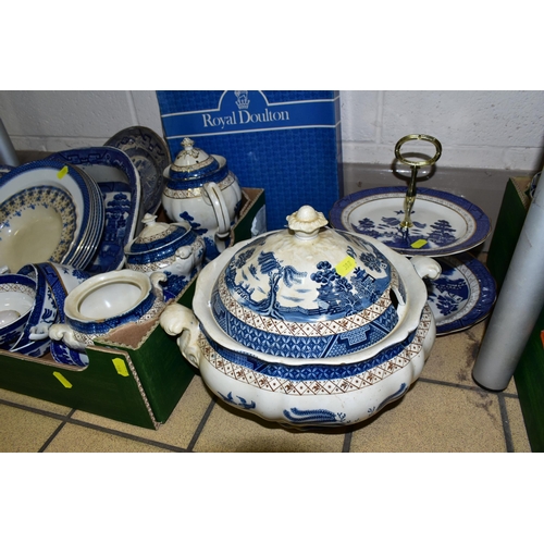 388 - TWO BOXES OF BLUE AND WHITE DINNERWARES, comprising Wood & Sons 'Willow' pattern jugs, teapot, cover... 