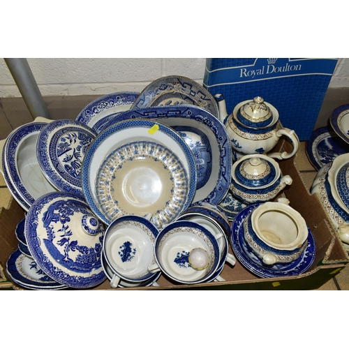 388 - TWO BOXES OF BLUE AND WHITE DINNERWARES, comprising Wood & Sons 'Willow' pattern jugs, teapot, cover... 