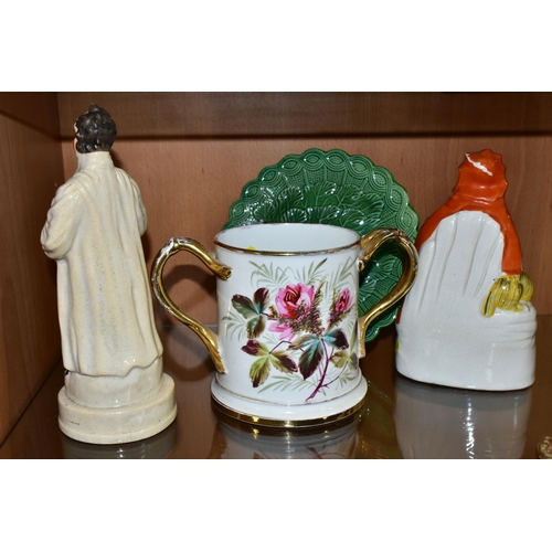 394 - TWO VICTORIAN STAFFORDSHIRE POTTERY FIGURES AND TWO OTHER VICTORIAN CERAMIC ITEMS, comprising a Staf... 