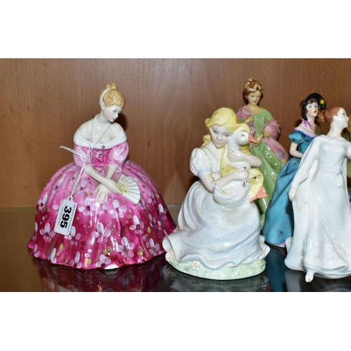 395 - TEN FIGURINES, comprising Royal Doulton: Victoria HN2471 (second quality), Autumn Breezes HN1934, Pr... 