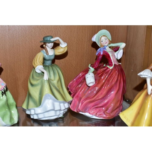 395 - TEN FIGURINES, comprising Royal Doulton: Victoria HN2471 (second quality), Autumn Breezes HN1934, Pr... 