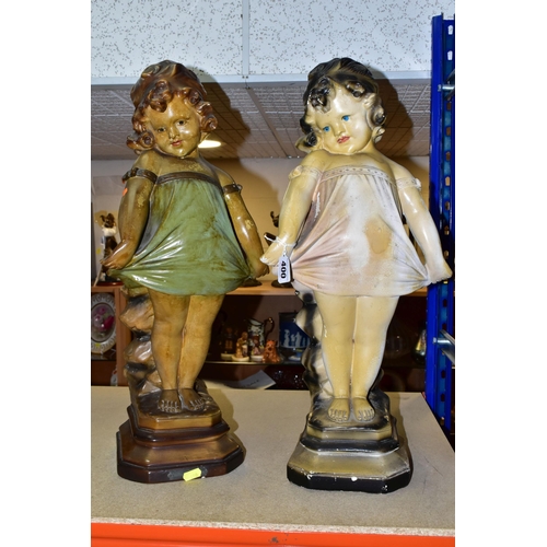 400 - TWO PLASTER FIGURES, comprising a 1920's 'Shy Girl' plaster figure, golden brown hair, green dress, ... 