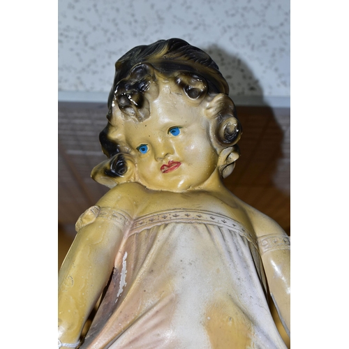 400 - TWO PLASTER FIGURES, comprising a 1920's 'Shy Girl' plaster figure, golden brown hair, green dress, ... 