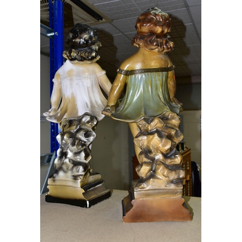 400 - TWO PLASTER FIGURES, comprising a 1920's 'Shy Girl' plaster figure, golden brown hair, green dress, ... 