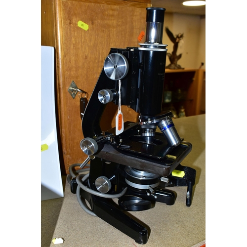 401 - THREE WATSON MONOCULAR SERVICE MICROSCOPES, comprising of one No1 and two No2, two electric lamps an... 