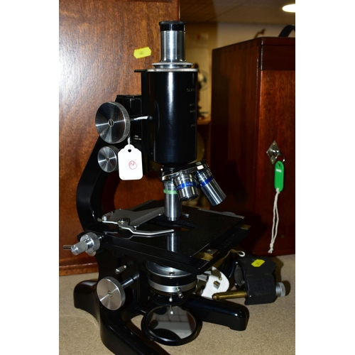 401 - THREE WATSON MONOCULAR SERVICE MICROSCOPES, comprising of one No1 and two No2, two electric lamps an... 