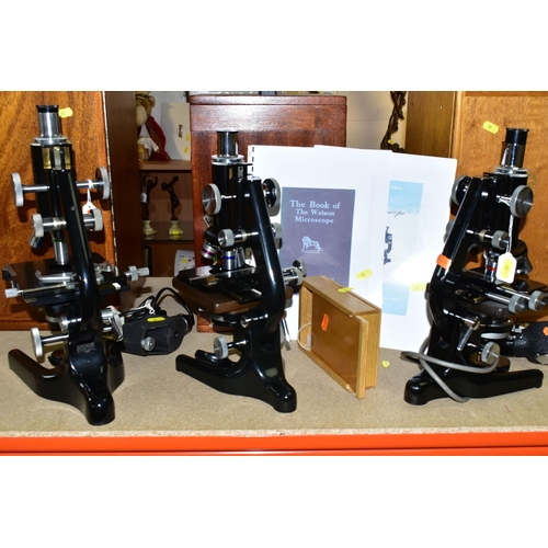 401 - THREE WATSON MONOCULAR SERVICE MICROSCOPES, comprising of one No1 and two No2, two electric lamps an... 