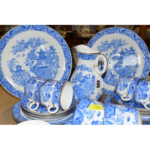 406 - A SET OF ROYAL WORCESTER BLUE AND WHITE 'WILLOW' PATTERN TEAWARES B389, comprising two cake plates, ... 