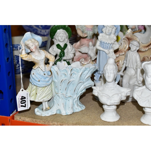 407 - A QUANTITY OF GERMAN BISQUE FIGURINES, comprising a pair of Staffordshire figural posy vases (missin... 