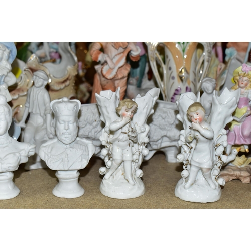 407 - A QUANTITY OF GERMAN BISQUE FIGURINES, comprising a pair of Staffordshire figural posy vases (missin... 