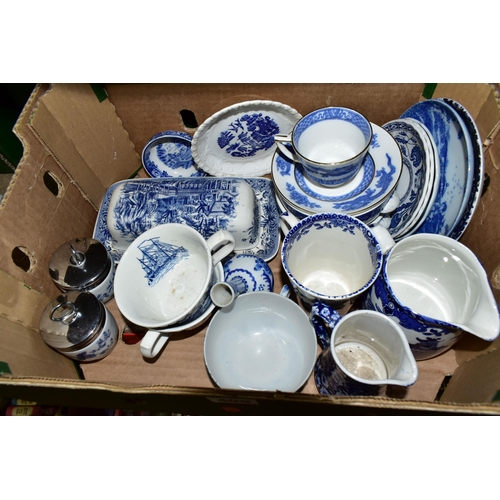 409 - TWO BOXES OF BLUE AND WHITE DINNER WARES, to include Burleigh Ware 'Willow' pattern mugs, Wedgwood '... 